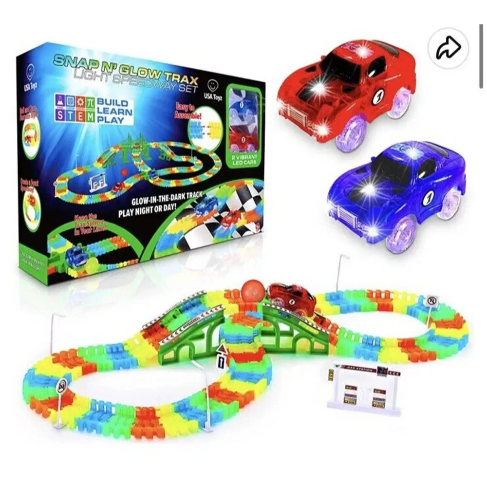 SNAP N GLOW TRAX LIGHT SPEEDWAY SET Racetrack 2 LED CARS Glow in the dark